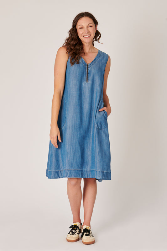 Half Zip Swing Dress Denim Blue