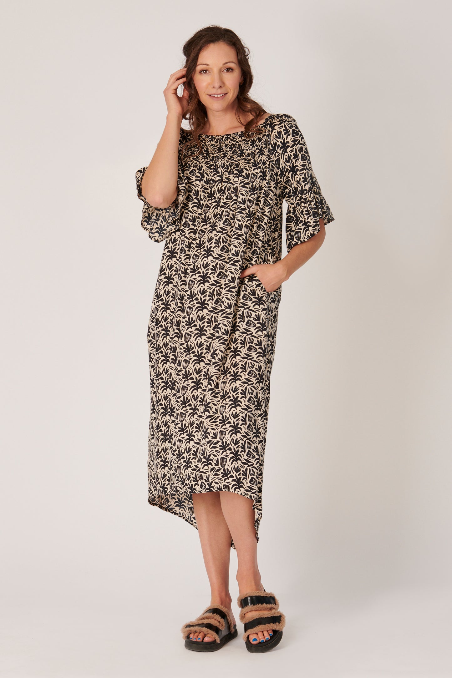 Shirred Neck Dress- Native Floral