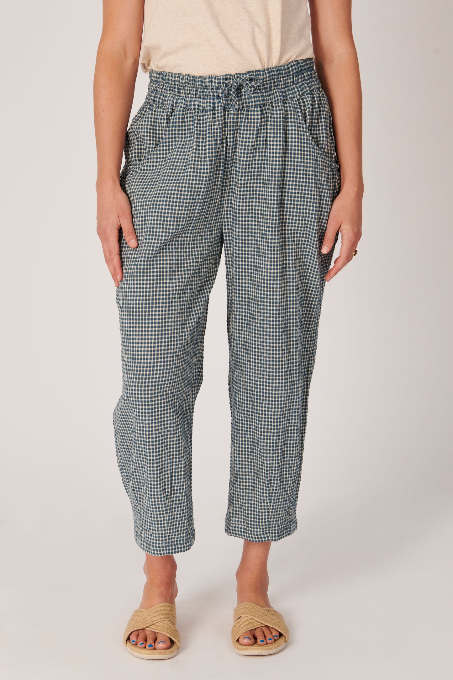 Cropped Check Pant - Teal/Wheat