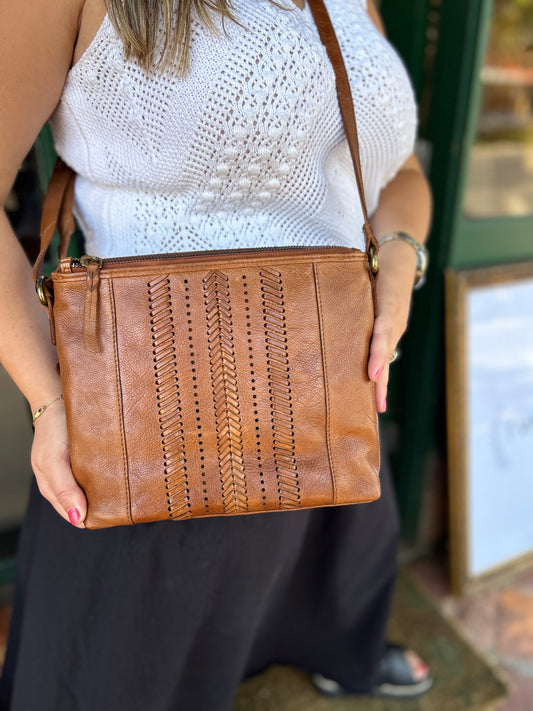 Vintage Leather Double Zip Cross Body - Tan