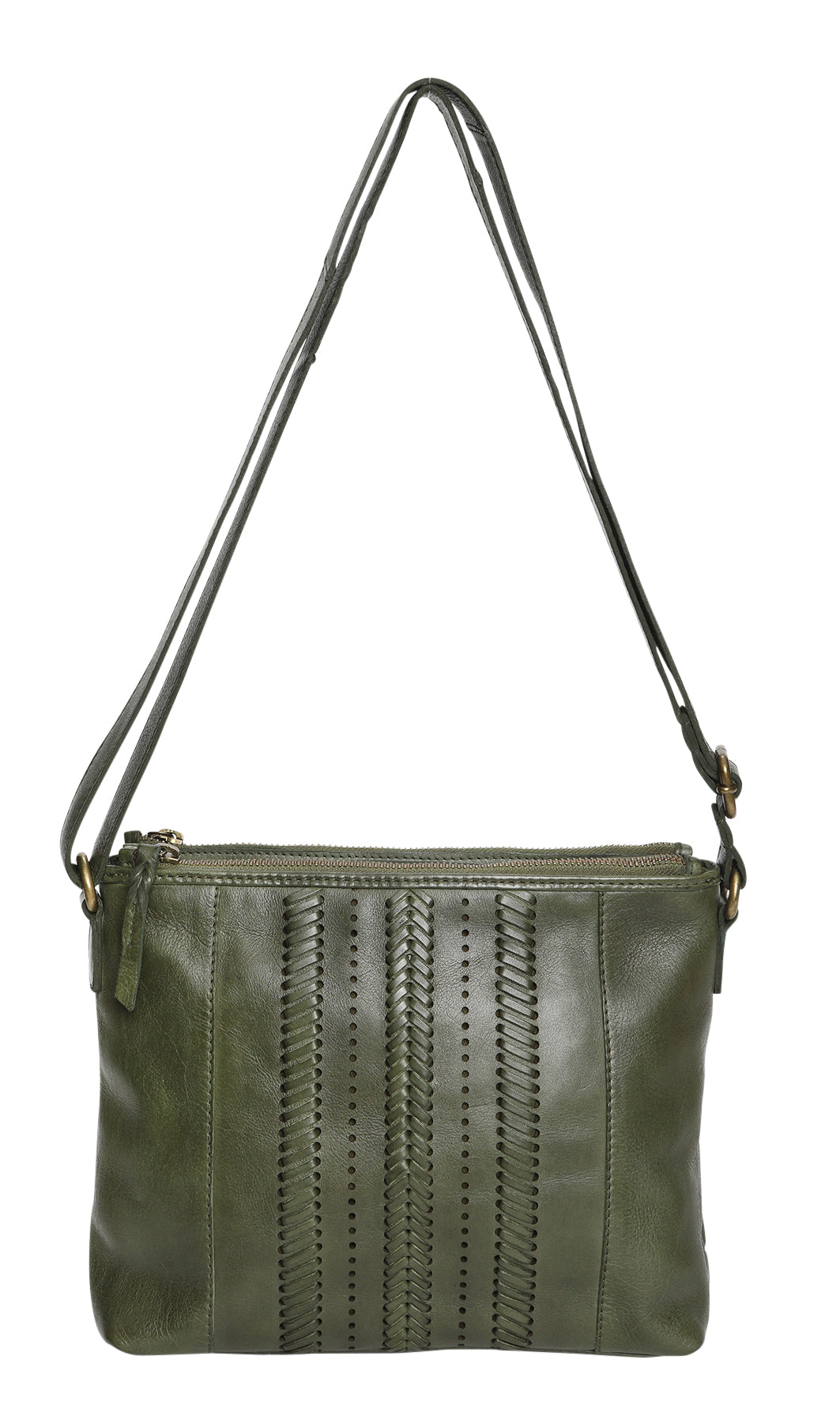 Vintage Leather Double Zip Cross Body - Olive