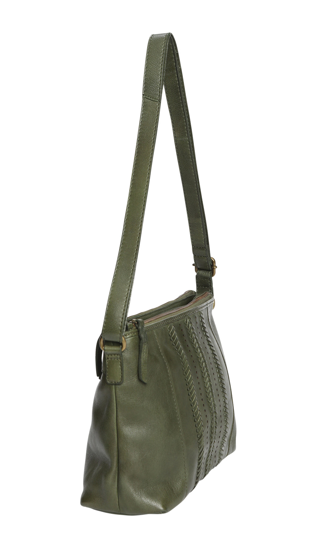 Vintage Leather Double Zip Cross Body - Olive