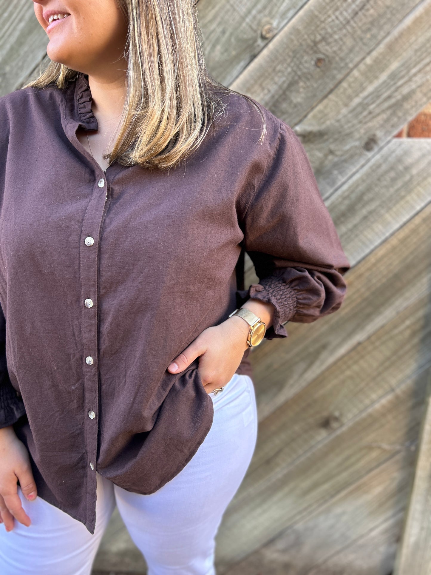 Frill Neck Blouse - Chestnut