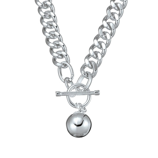 Allure Curb Link Necklace with Fob & Ball Pendant - Silver