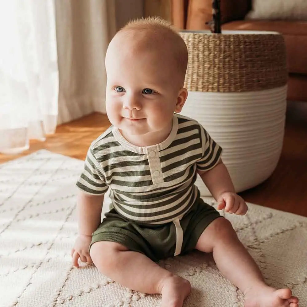 Stripe Short Sleeve Organic Suit - Olive