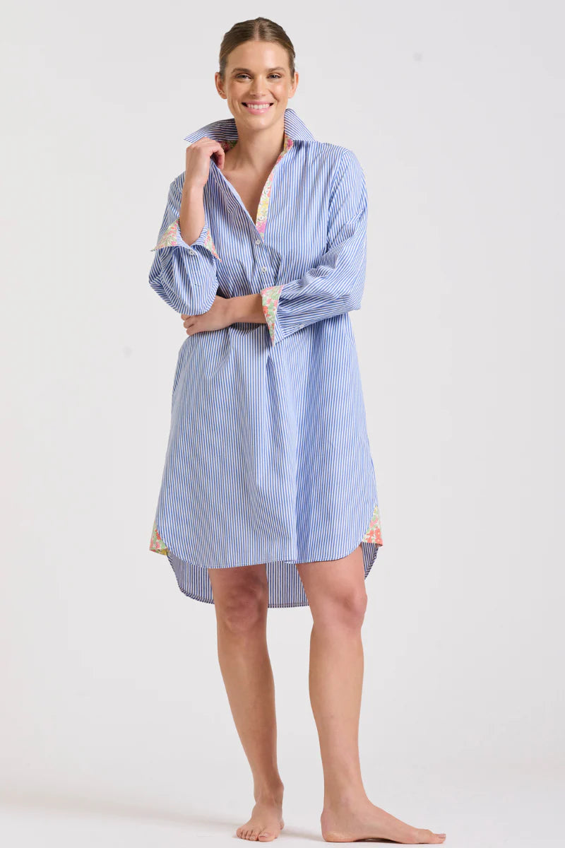 The Popover Shirt Dress - Mid Blue Stripe/Floral