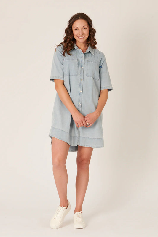 Short Sleeve Button Through Dress - Light Denim Blue