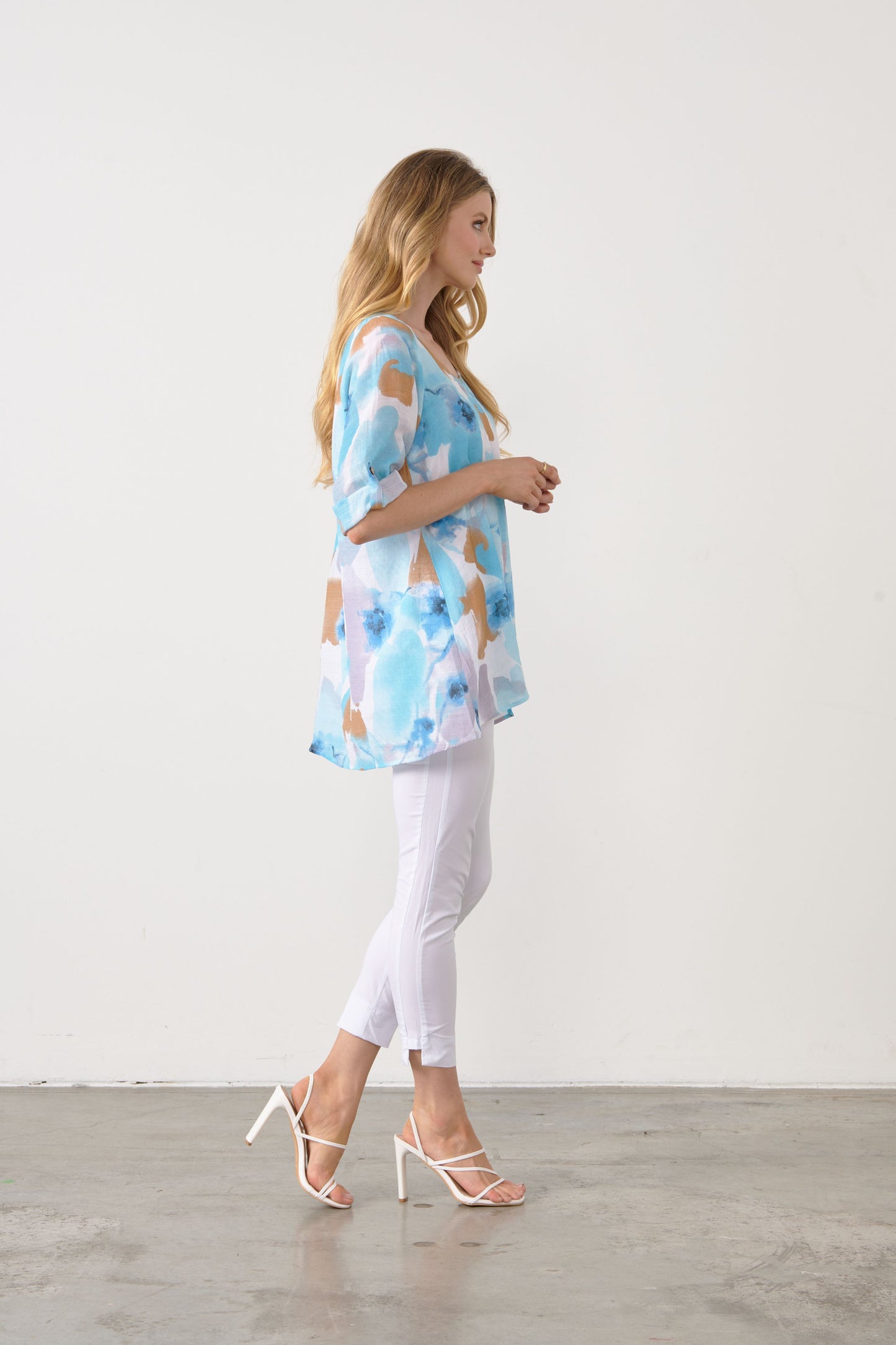 Floral Button Detail Tunic - Blue