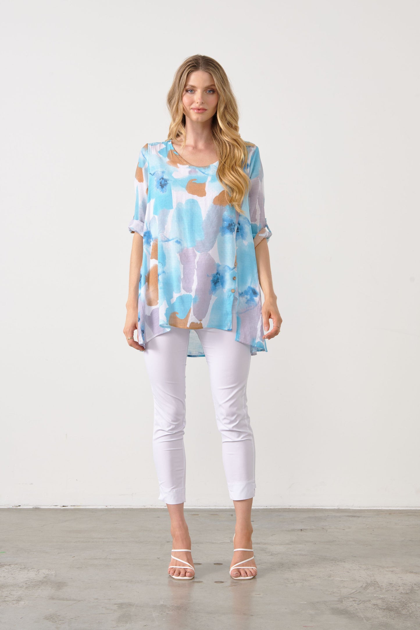 Floral Button Detail Tunic - Blue