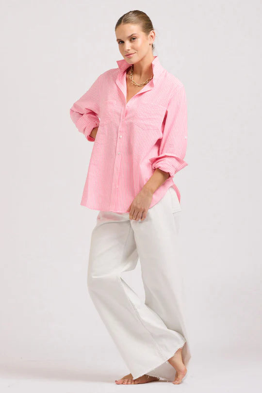 Girlfriend Relaxed Shirt - Bright Pink Stripe