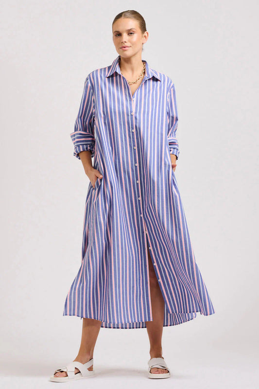 The Luna Shirt Dress- Chambray Pink stripe