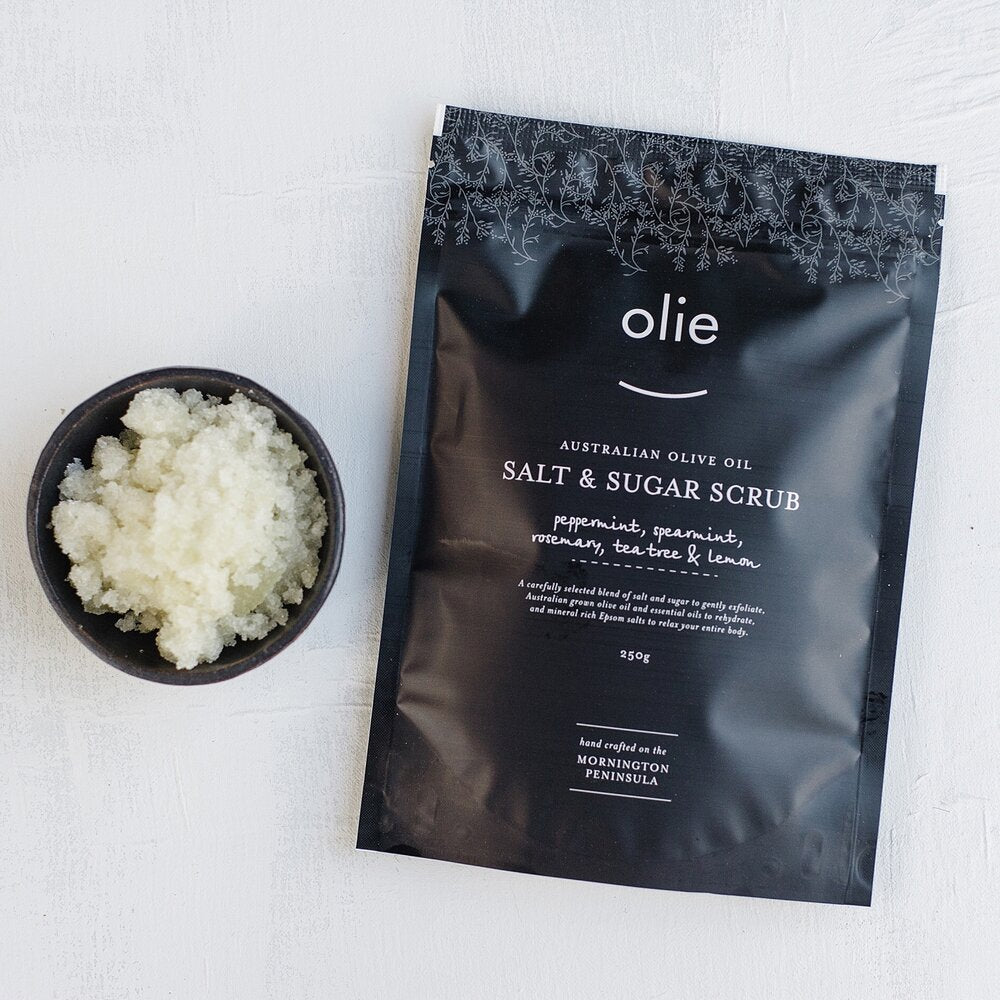 Olieve & Olie Salt & Sugar Scrub Pouch - Peppermint, Lemon & Tea Tree 200g